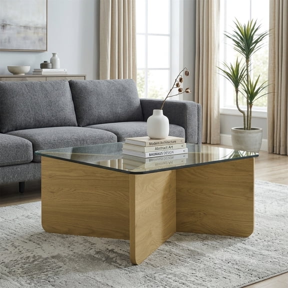 31.5" Square Coffee Table with Tempered Glass Top and MDF Base - Mid-Century Modern Style