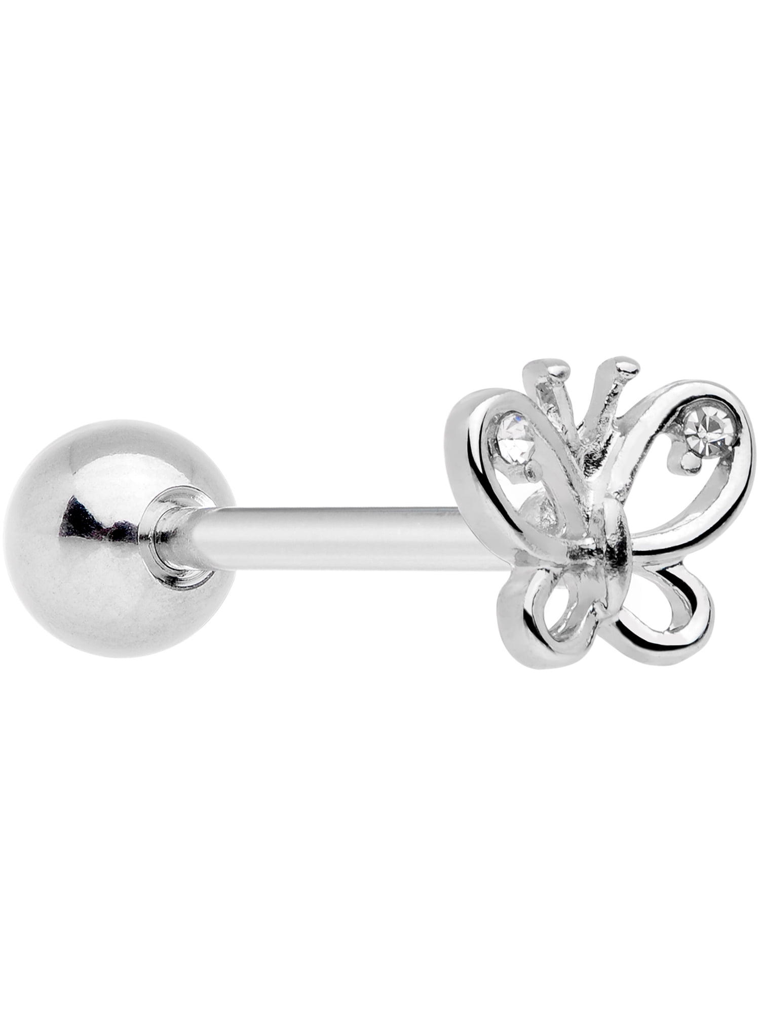 Body Candy 316L Stainless Steel Clear Accent Butterfly Straight Barbell Tongue Ring Body