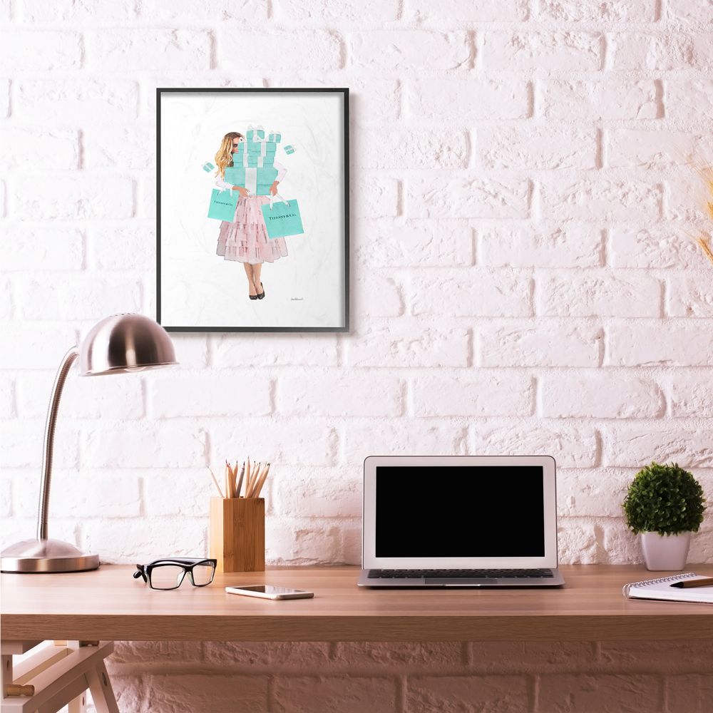 Stupell Industries Woman Shopping Blue Pink Glam Fashion Watercolor Framed Wall Art by Amanda Greenwood