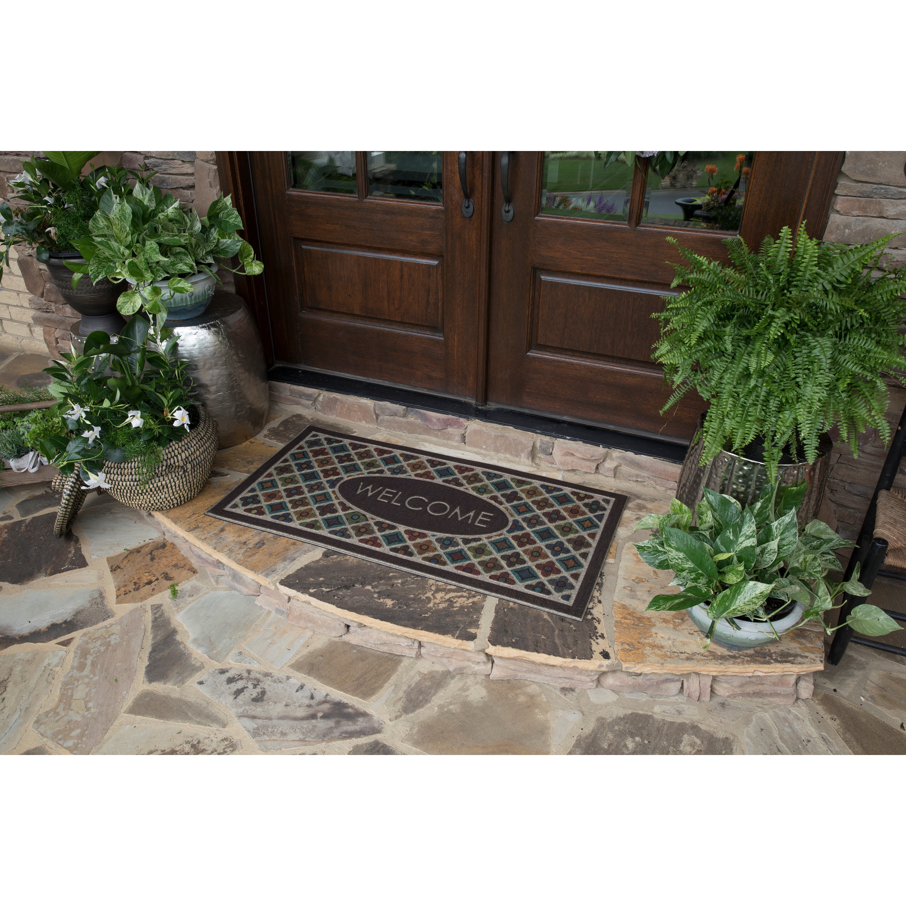 Mohawk Home Ornamental Entry Mat Flowery Tiles Mat Scatter, 2'x4', Brown & Green