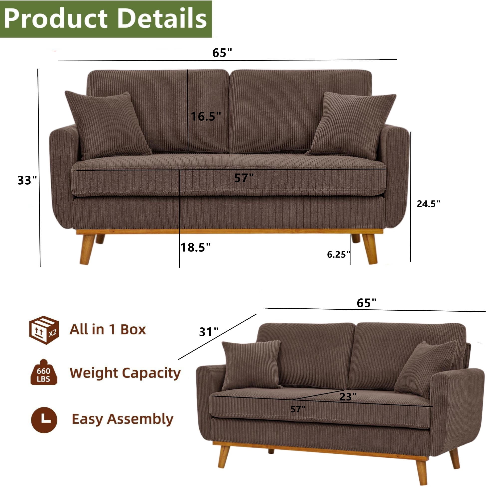 Aukfa Deep Seat Sofa Couch 65" Loveseat w/ 2 Pillows for Living Room Bedroom, Corduroy, Brown