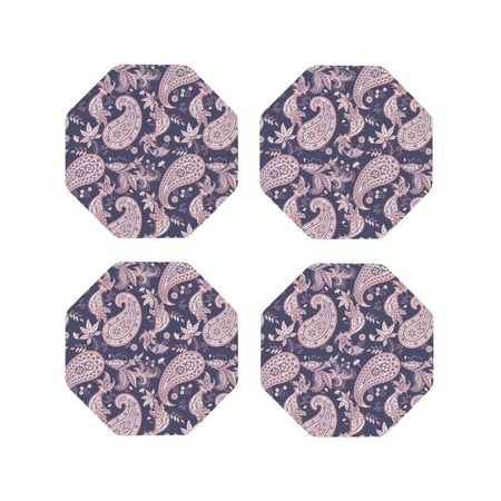 

Leather Coasters Set of 4 - Pink Purple Paisley Lightweight Non-Slip Drink Coasters for Desk Anti-Scalding Desk Cup Coasters for Office Table Decor Octagon