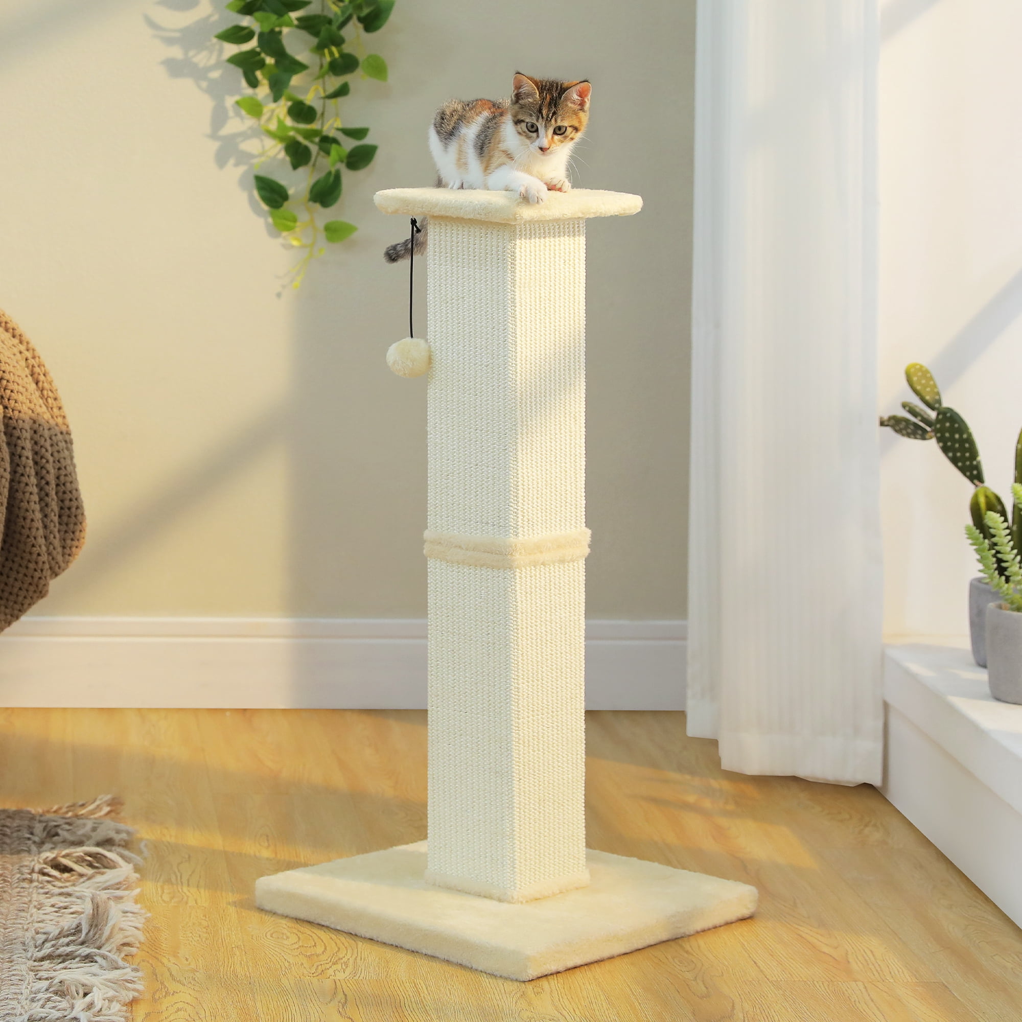 PAWZ Road 32" Tall Sisal Cat Scratching Post for Indoor Cats - Durable Cat Scratcher with Wide Base, Beige