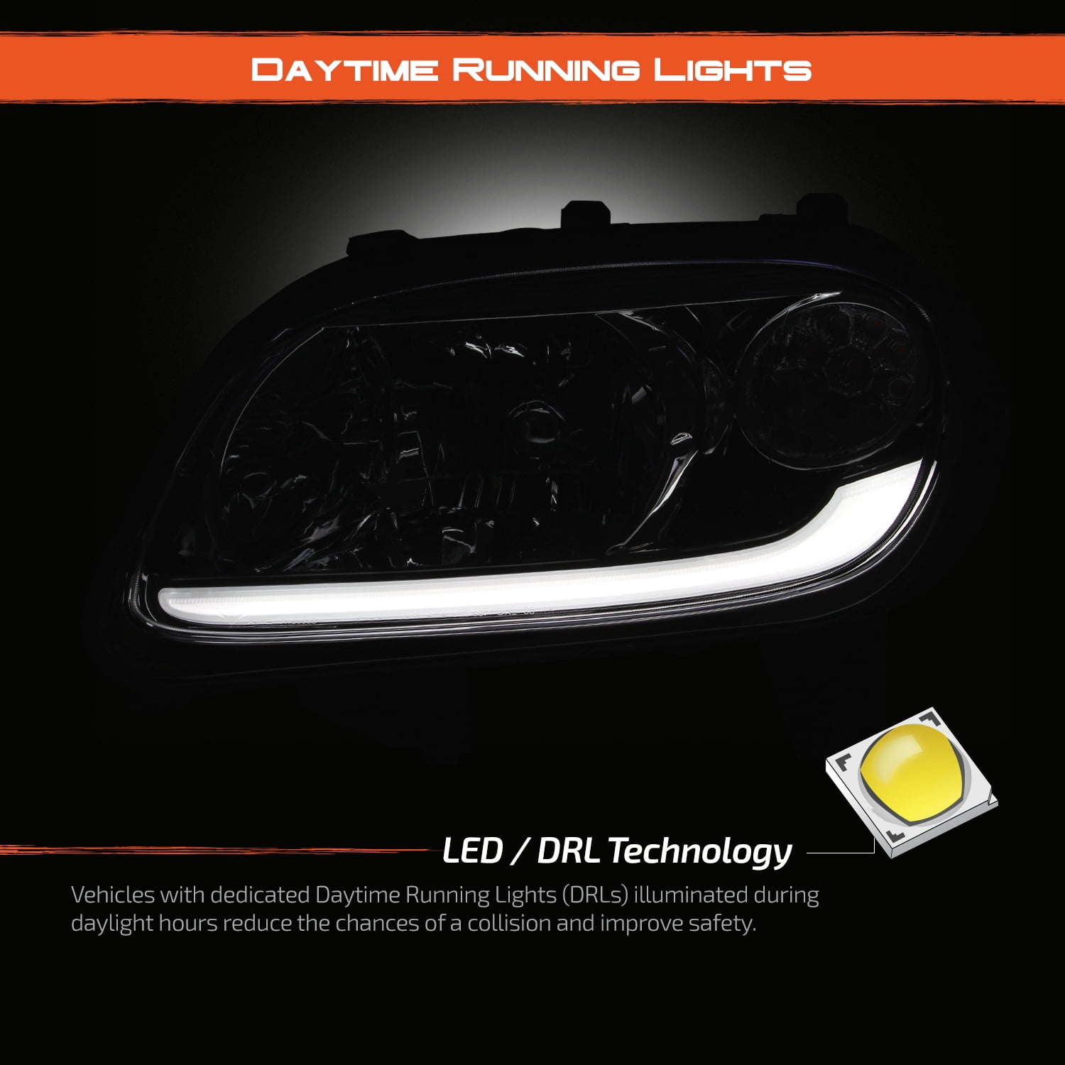 AKKON - Fit 2006-2011 Chevy HHR Halogen Type Headlights Headlamp with LED Bar Chrome Housing Replacement Driver - Passenger