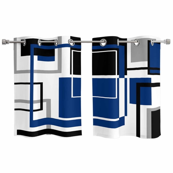 2 Panels Kitchen Tier Curtains 39 Inch Length, Blue Black Geometric Grommets Window Treatment Curtain, Modern Minimalist Abstract Stripes Thermal Curtains Drapes for Living Room/Bathroom