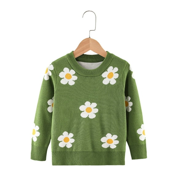 Virmaxy Kids Girls Cute Winter Sweater Toddler Girls Floral Printed Knit Sweaters Long Sleeve Cotton Jumper Blouse Kids Fashion Chunky Crewneck Pullover Tops Green 3T