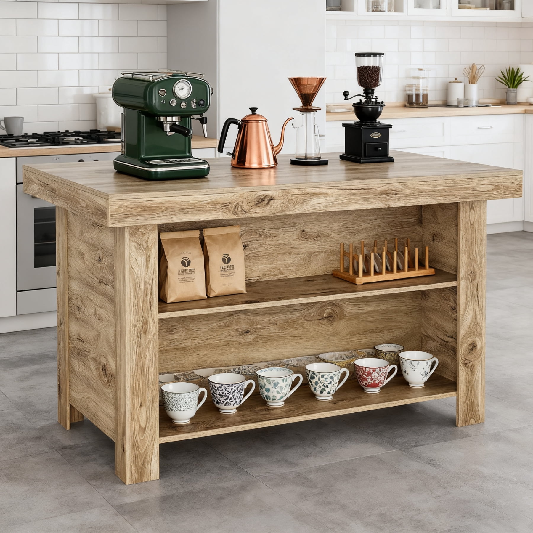 Finmind 3-Tier Farmhouse  Kitchen Island with Storage Shelf, 55 Inches Wooden Stationary Island Table with Large Worktop for Kitchen, Oak
