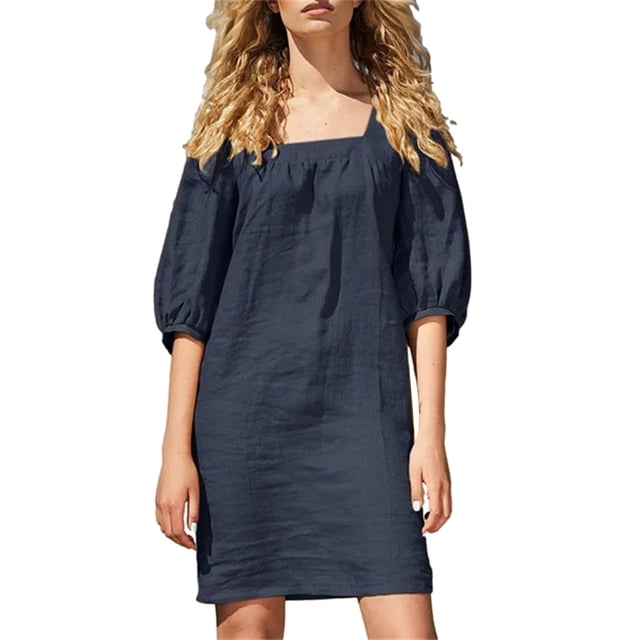 AherBiu Robe Midi Trapèze Décontractée d'Été pour Femmes Grande Taille en Coton et Lin à Encolure Carrée, Manches 3/4