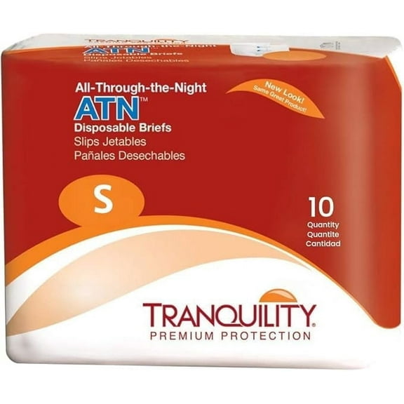 Tranquility Premium ATN Disposable Briefs with Tabs, Overnight Protection Superabsorbent Core for Leak-Free and Full-Fit Comfort, Small, 10ct Bag