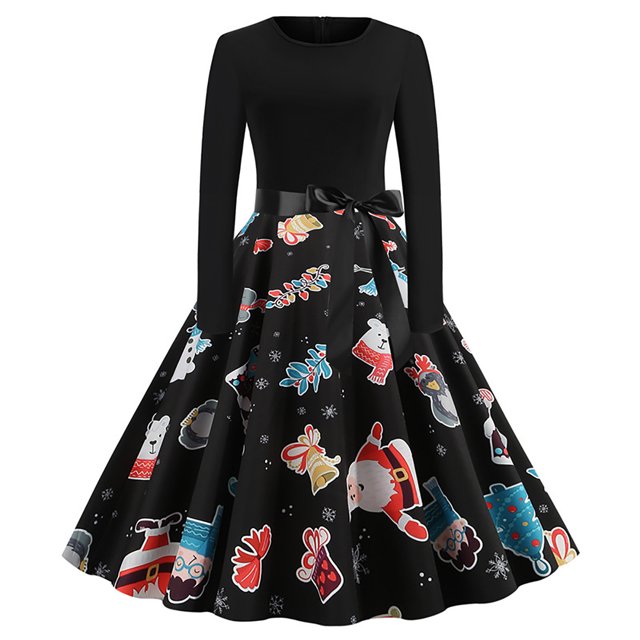 Navidad mujer Retro estampado Patchwork manga larga noche cuello redondo cremallera fiesta graduación vestido Vintage Fridja nbo1266