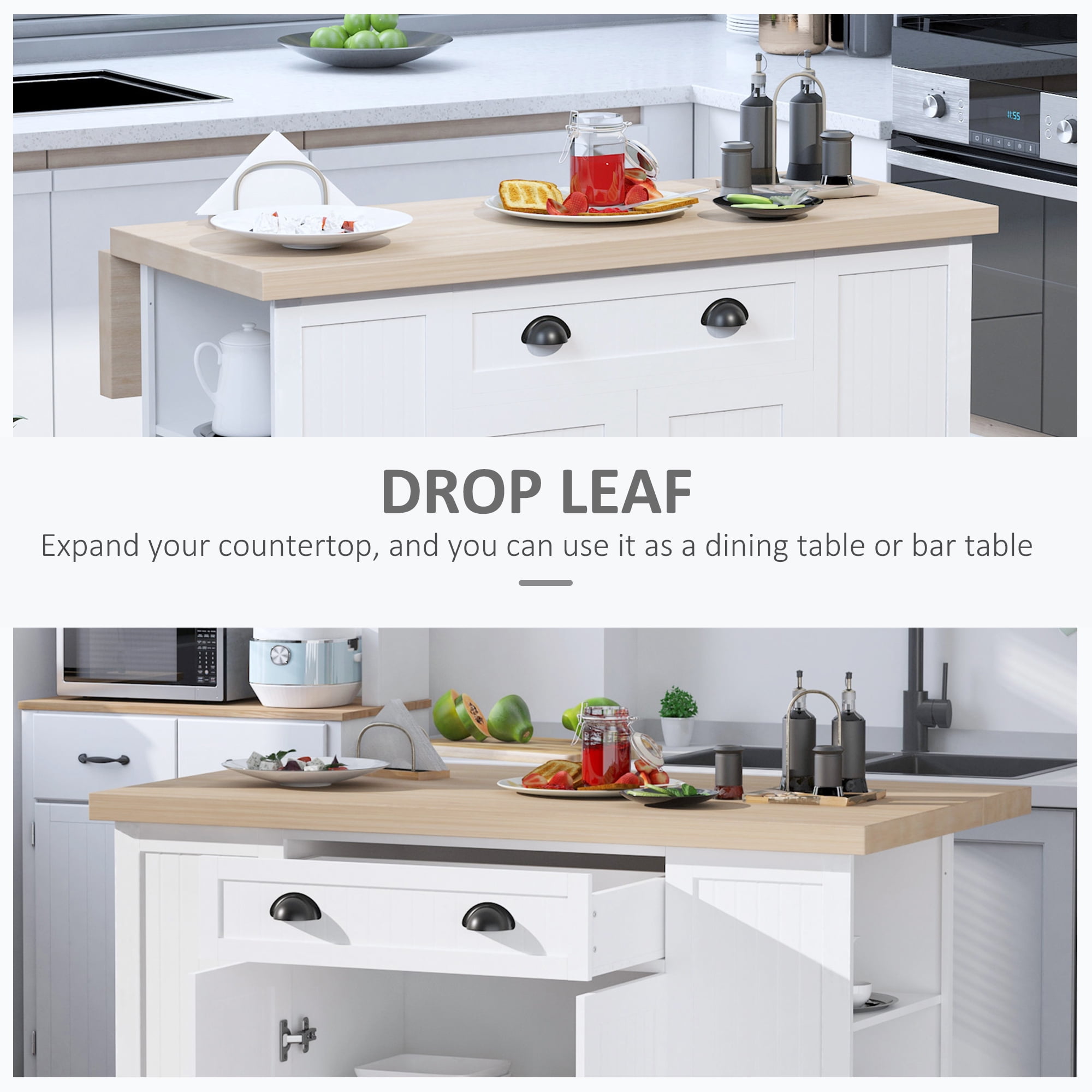 HOMCOM 47" Fluted-Style Wooden Kitchen Island, Kitchen Countertop Storage Cabinet with Drop Leaf, Drawer, Open Shelves, Storage, White