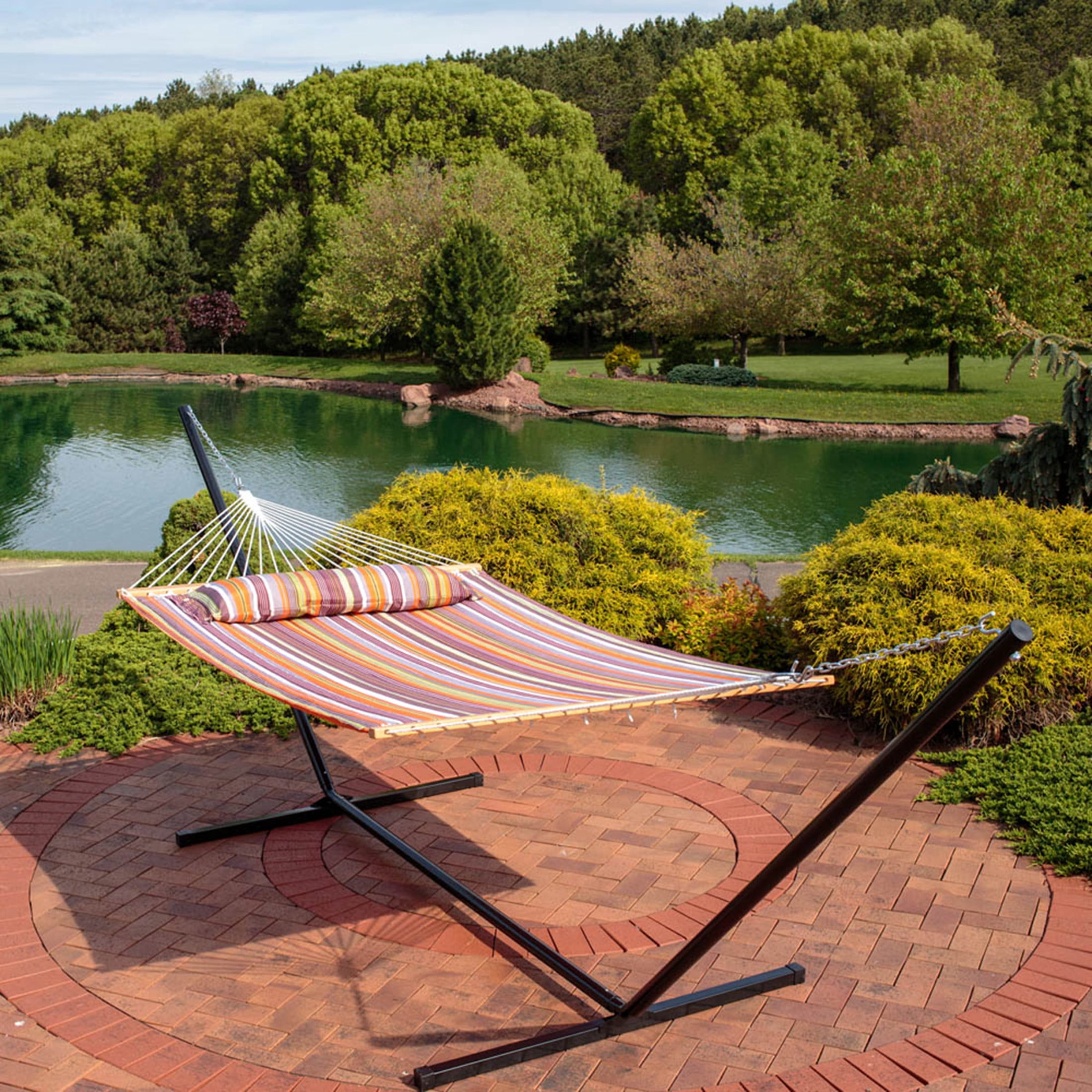 Sunnydaze 2-Person Polyester Spreader Bar Hammock with Stand, 400 lb Capacity - Canyon Sunset