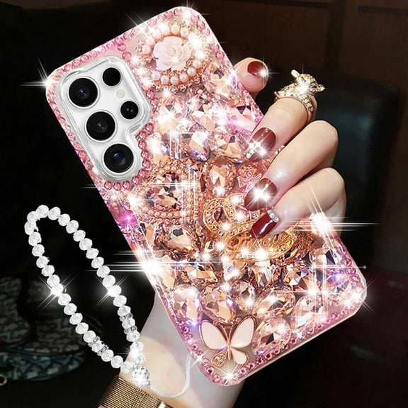 for Samsung Galaxy S25 Ultra Glitter Bling Case, Cute Luxury 3D Sparkle Crown Crystal Rhinestones Diamond Gems Pearl with Lanyard Wrist Strap Women Girls Phone Case for Galaxy S25 Ultra,Pink