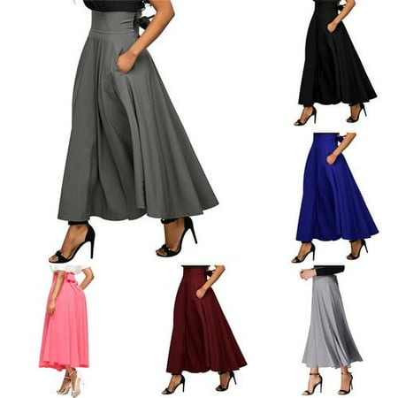 - Women High Waisted Pleated Skirt Side Slit Pocket Flared Skirt with Belt