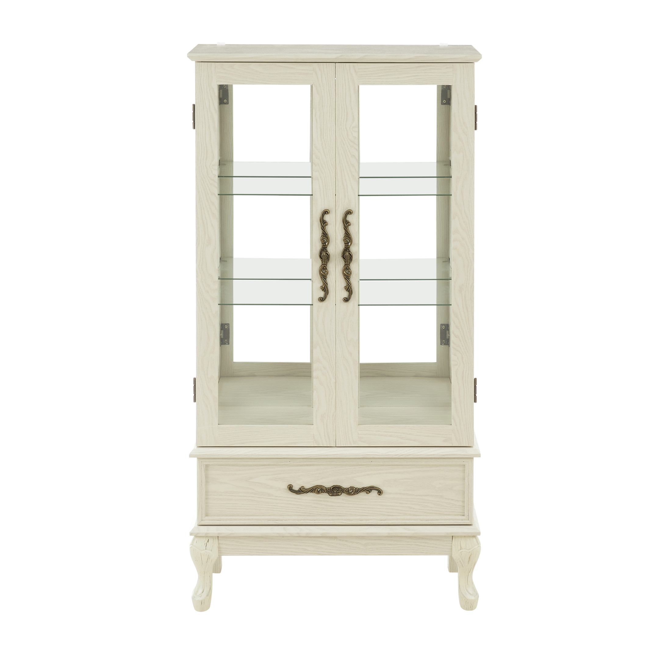 Noble House Timothy Lighted Glass Curio Cabinet with Drawer, Adjustable Shelves Display Case Sideboard, Antique White