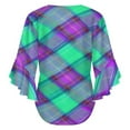 thumbnail image 6 of Green And Purple Plaid Pattern Women's V-Neck Blouse With 3/4 Ruffled Bell Sleeves Casual Top Ladies Blouses, 6 of 7