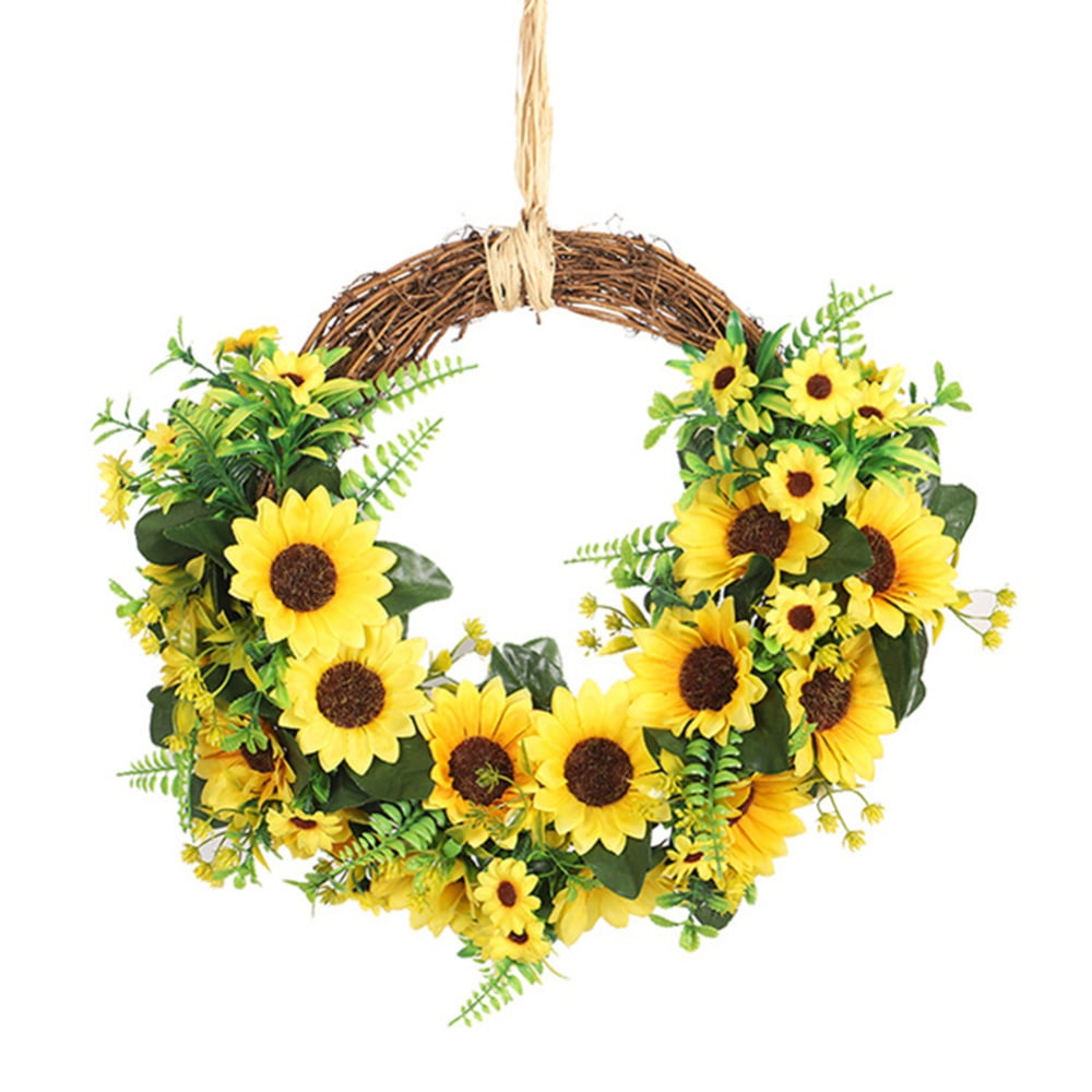 Artificial Sunflower Wreath Flower Wreath with Yellow Sunflower and Green Leaves for Front Door