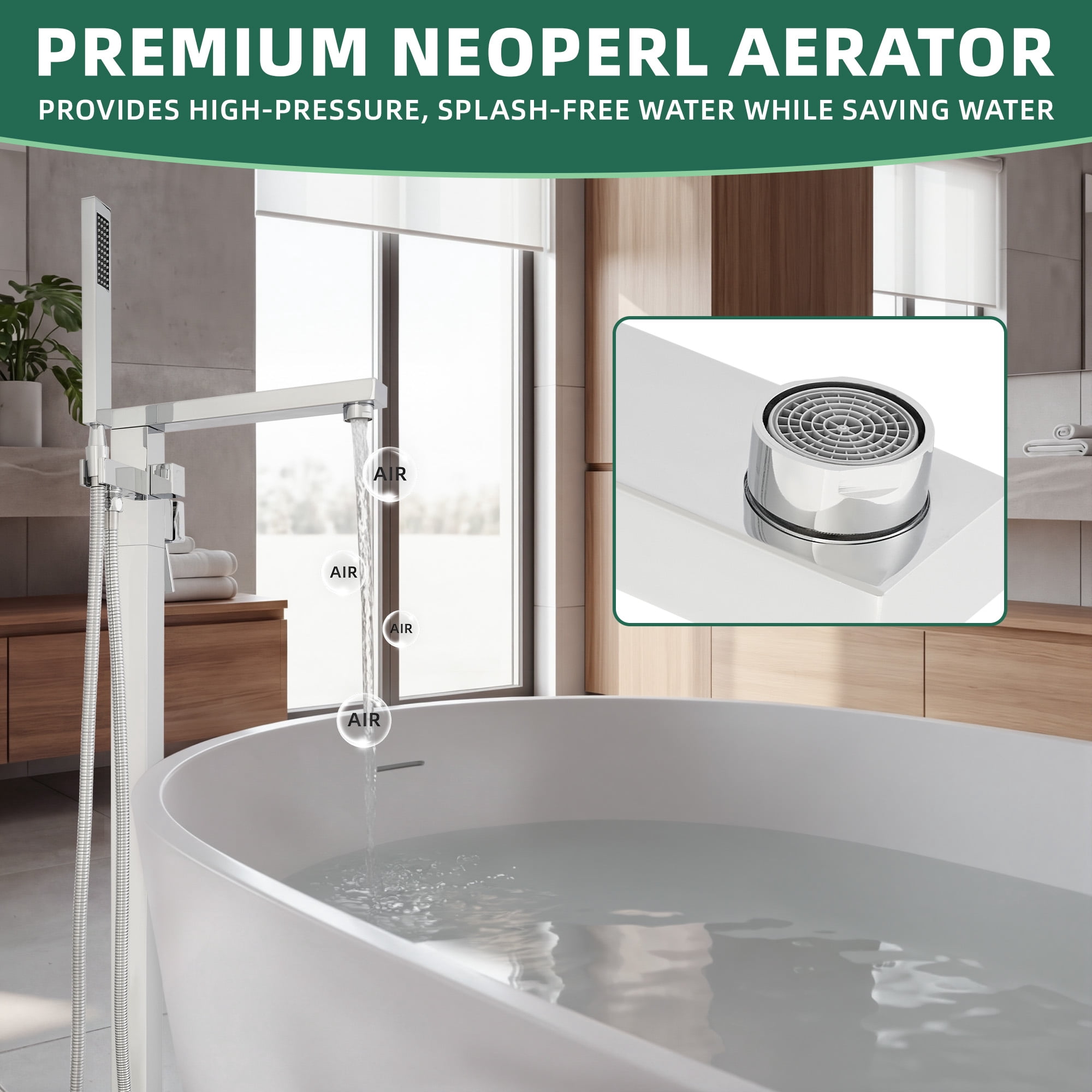 Free Standing Tub Faucet, 360°Swivel High Flow Freestanding Bathtub Faucet with Handheld Shower, Brass Body Tub Filler for Modern Bathroom, Chrome
