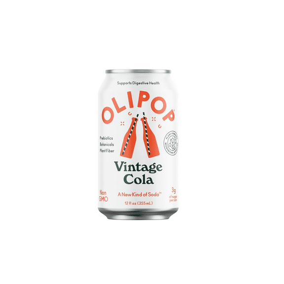 OLIPOP Prebiotic Soda Pop, Vintage Cola, Pantry Pack Packed with Prebiotics, Fiber, and Botanicals, Gluten Free, Vegan, GMO Free, 12oz (1-Can)