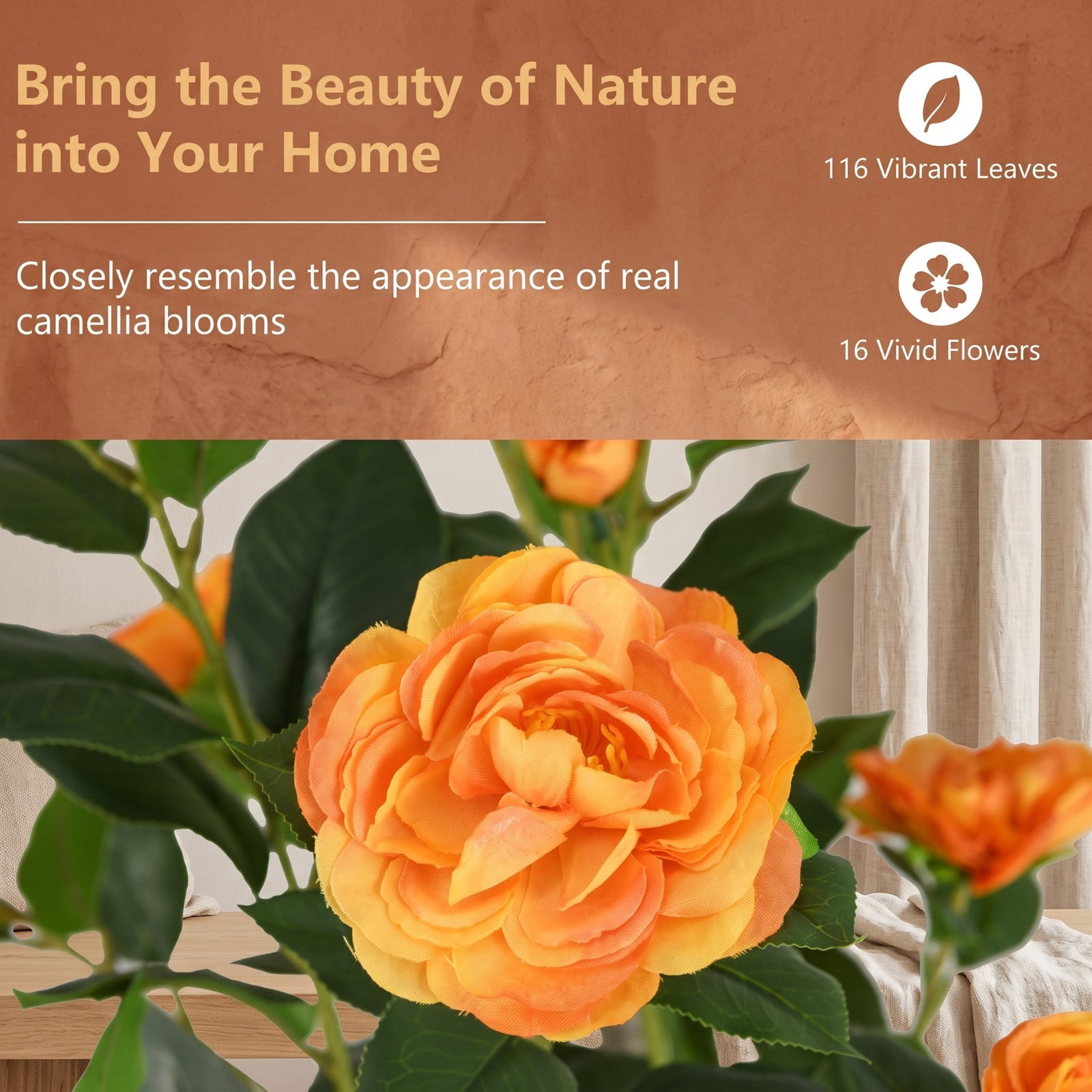 ALPULON 36 Inch Artificial Camellia Tree with Blooming Flowers, Set of 2 Faux Potted Camellia Plants with Cement-Filled Pots for Home Office Wedding Front Door, Orange