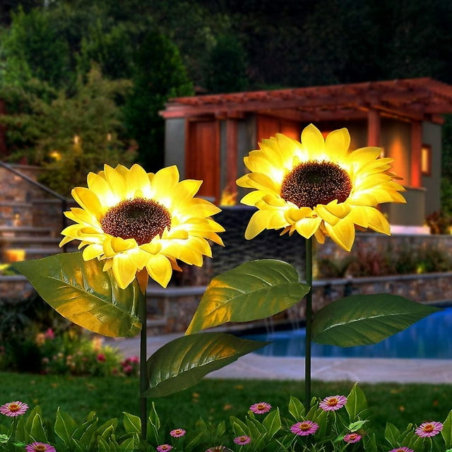 Estaca de jardín solar para jardín de girasol al aire libre, 26'' Luces decorativas para jardín, patio, porche, patio trasero (paquete de 2),11 Feliz Sencillez