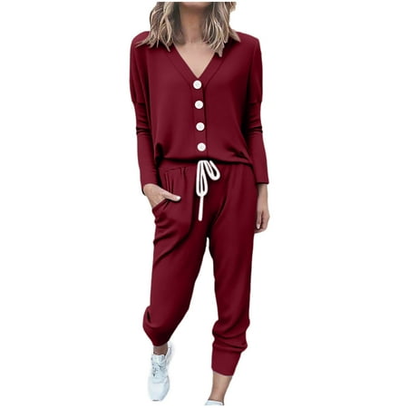 Hinvhai Women Pajamas Set Lounge Set 2-Piece Sleepwear Nightwear Soft Pjs Set Red S(S)