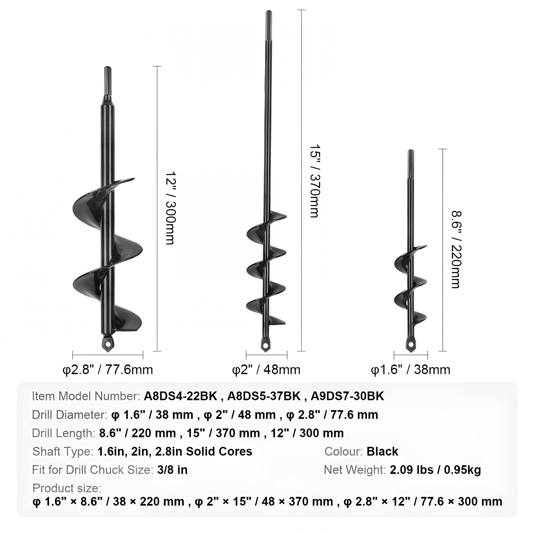 ZEPARO Auger Drill Bits for Planting Set of 3,Garden Auger Drill Bit,Spiral Drill Bit for Post Hole Digger,Bulbs Planting & Holes Digging,for 3/8" Hex Drive Drill