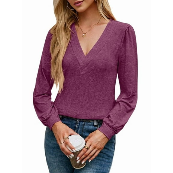 Women'S Multi-Layered V-Neck Solid Color Long Sleeved T-Shirt Casual Blouses Top Purple L