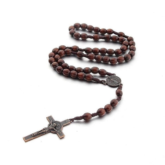 Cross Rosary Necklace, Dark Brown Natural Wood Prayer Beads With Medal Cross