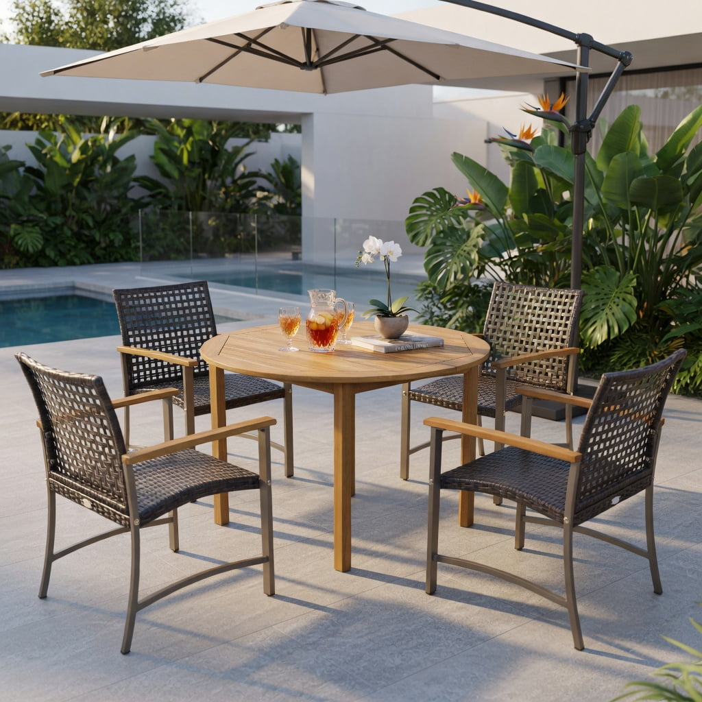Hommoo Set of 4 Outdoor Rattan Dining Chairs with Acacia Wood Armrests, Weather-Resistant PE Wicker & Powder-Coated Metal Frame for Patio, Backyard, Poolside & Balcony, Brown