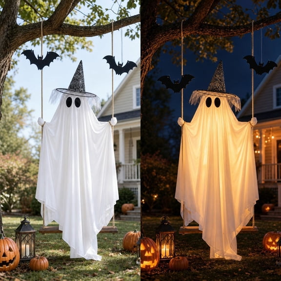 PoyoKee Halloween Decorations - 49"/50" Swings Hanging Ghosts, Glowing Hanging Ghost Garden Decor, Lighted Outdoor Decor for Lawn Yard Halloween Decor