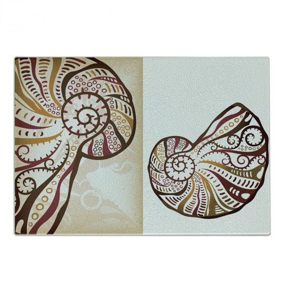 Seashells Cutting Board, Boho Seashells Pattern Divided 2 Part Effects Hear the Ocean Creature, Decorative Tempered Glass Cutting and Serving Board, Small Size, Pale Brown Cream, by Ambesonne