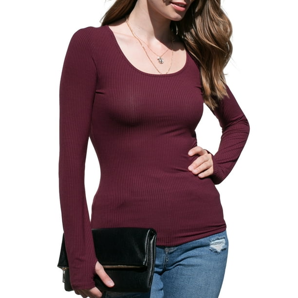Doublju Doublju Women's Round Neck Long Sleeve Ribbed Top with Thumb