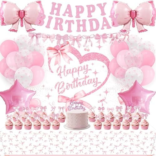 Pink Bow Birthday Decorations, Coquette Bow Party Decorations Include Glitter Happy Birthday Banner Bow Balloons Backdrop Tablecloth Cake Toppers for Bow Themed Party$$Home Decor, Kitchen, & Other