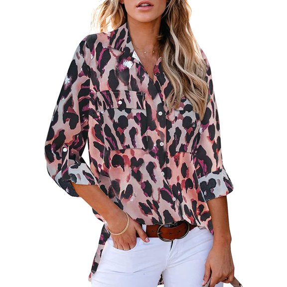 QWZNDZGR Women Button Down Snake Print 3 4 Tab Sleeve Tunic Blouse Tops Shirts
