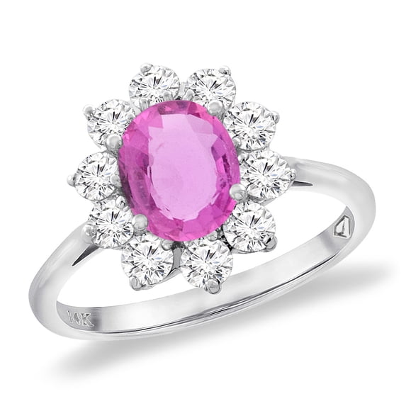 14K White Gold Diamond Natural Pink Sapphire Engagement Ring Oval 8x6 mm, size 5