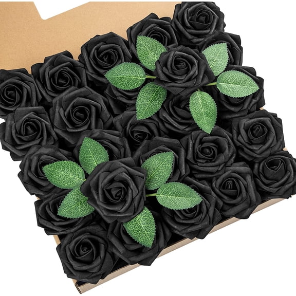 25Pcs Artificial Roses Flowers Fake Roses with Stems Real Touch Foam Flowers for DIY Wedding Bouquet Baby Shower Centerpiece Floral Arrangement Party Home Decor(Black)