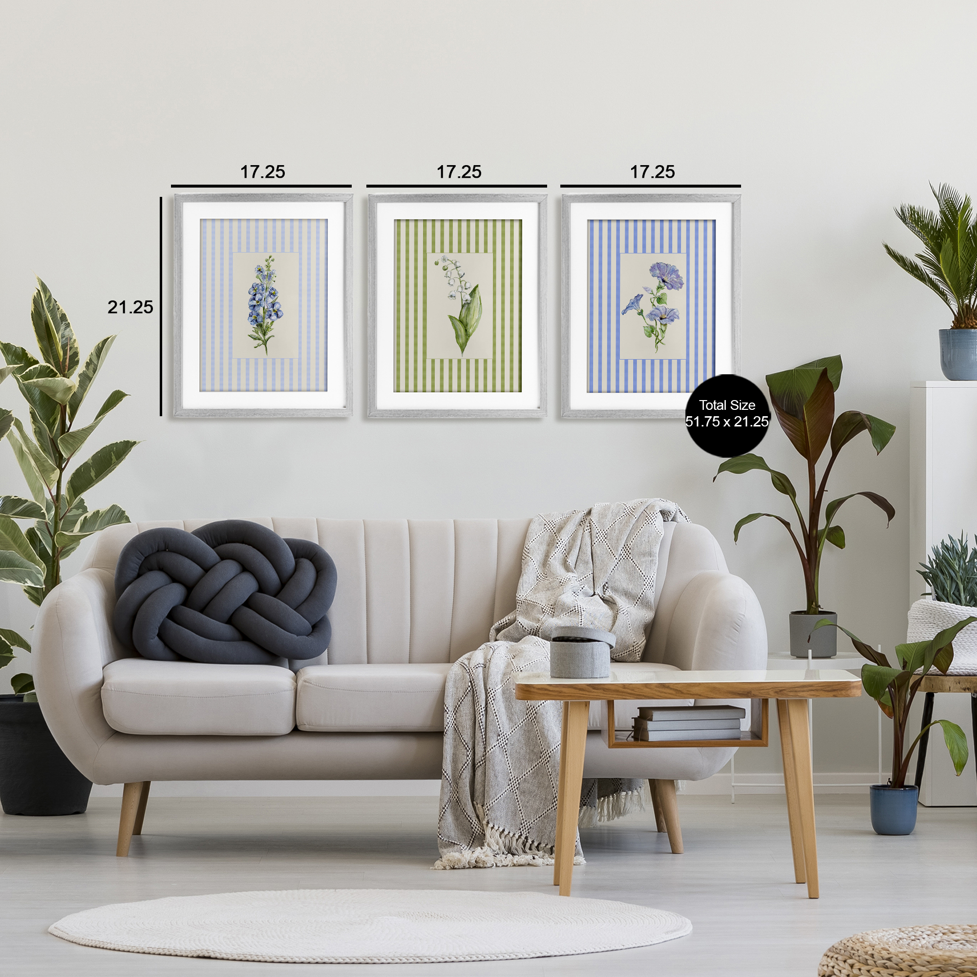 Soft Stripe Cottage Blooms 3 Piece Gray Framed Print Under Glass Set, design by Lisa Wehmeyer