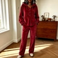thumbnail image 2 of Szluipve 2 Piece Sets for Women Velour Tracksuit 2 Piece Outfits Hooded Henley Button Long Sleeve Top & Wide Leg Pants Casual Soft Loungewear Set with Pockets Red 2XL, 2 of 9