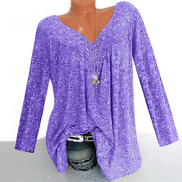 Qucoqpe - Camisetas tipo túnica de manga larga con cuello en V, fruncidas, lisas, de talla grande, para mujer, estilo informal, holgadas, en liquidación