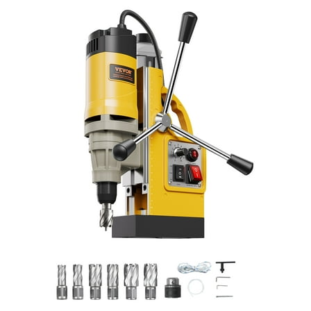 VEVOR Magnetic Drill, 1450W Motor 2 in Boring Diameter, 2878 lbf Electric Mag Drill Press, with 6 Coring Bits, Variable Speed, Drilling Machine for Metal Surface, Home Improvement Industry, Yellow