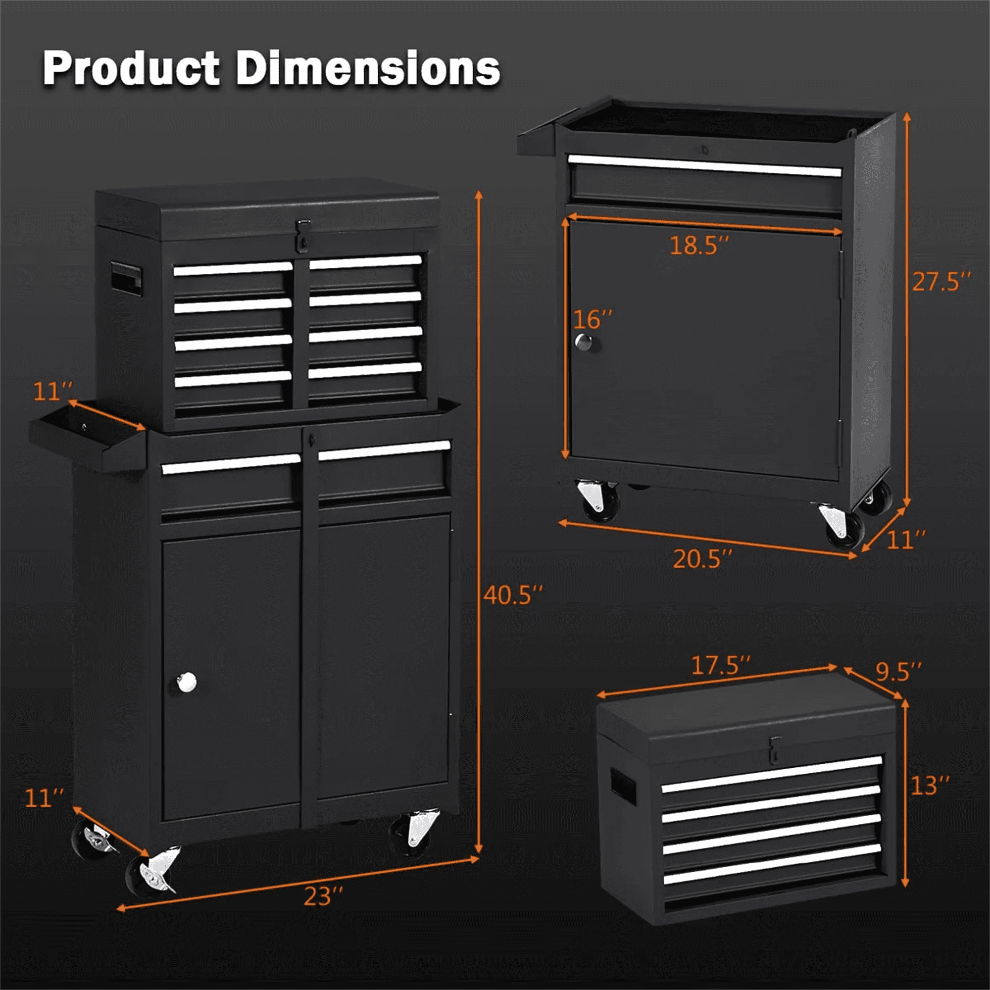 Aukfa Tool Box, 2 in 1 Steel Rolling Tool Chest & Cabinet On Wheels for Garage, 5-drawer, Black