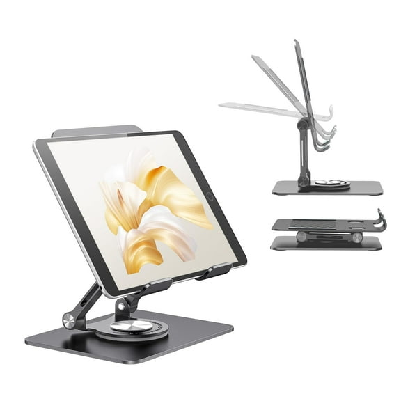 RAOYI Swivel Tablet Stand with 360 Rotating Base, Adjustable & Foldable Tablet Holder, Compatible with iPad/Pro/Air/Mini, Tablets, iPhone 15 Pro, Switch and More 4.7"-12.9",Black