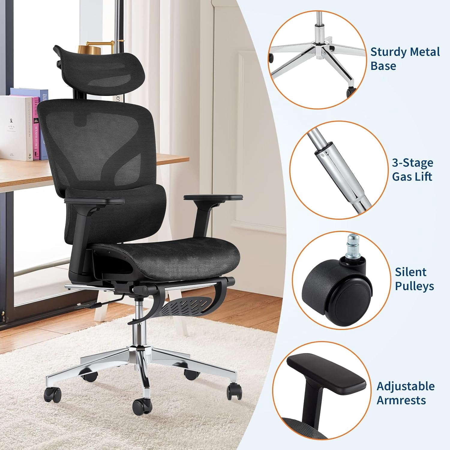 Ergonomic Mesh Office Chair with Footrest, Adjustable Armrests, Dynamic Lumbar Support, Recline & Tilt Function, High Back Design, Rolling Caster Computer Chair for Home Office, Black