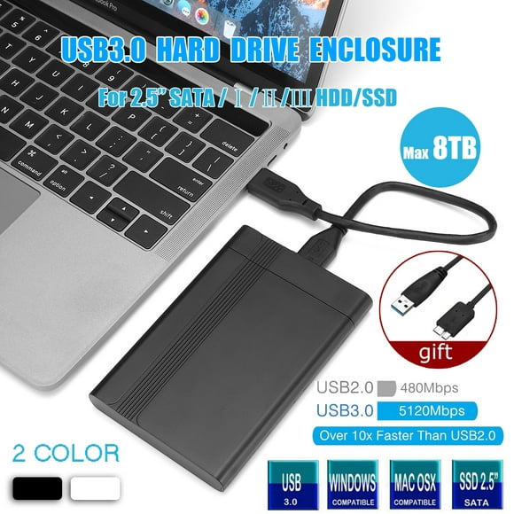 8TB USB 3.0 Portable External Hard Drive Enclosure Ultr a Slim SATA Storage Devices Case Hard Disk Box HDD 2.5 inch, Black/White