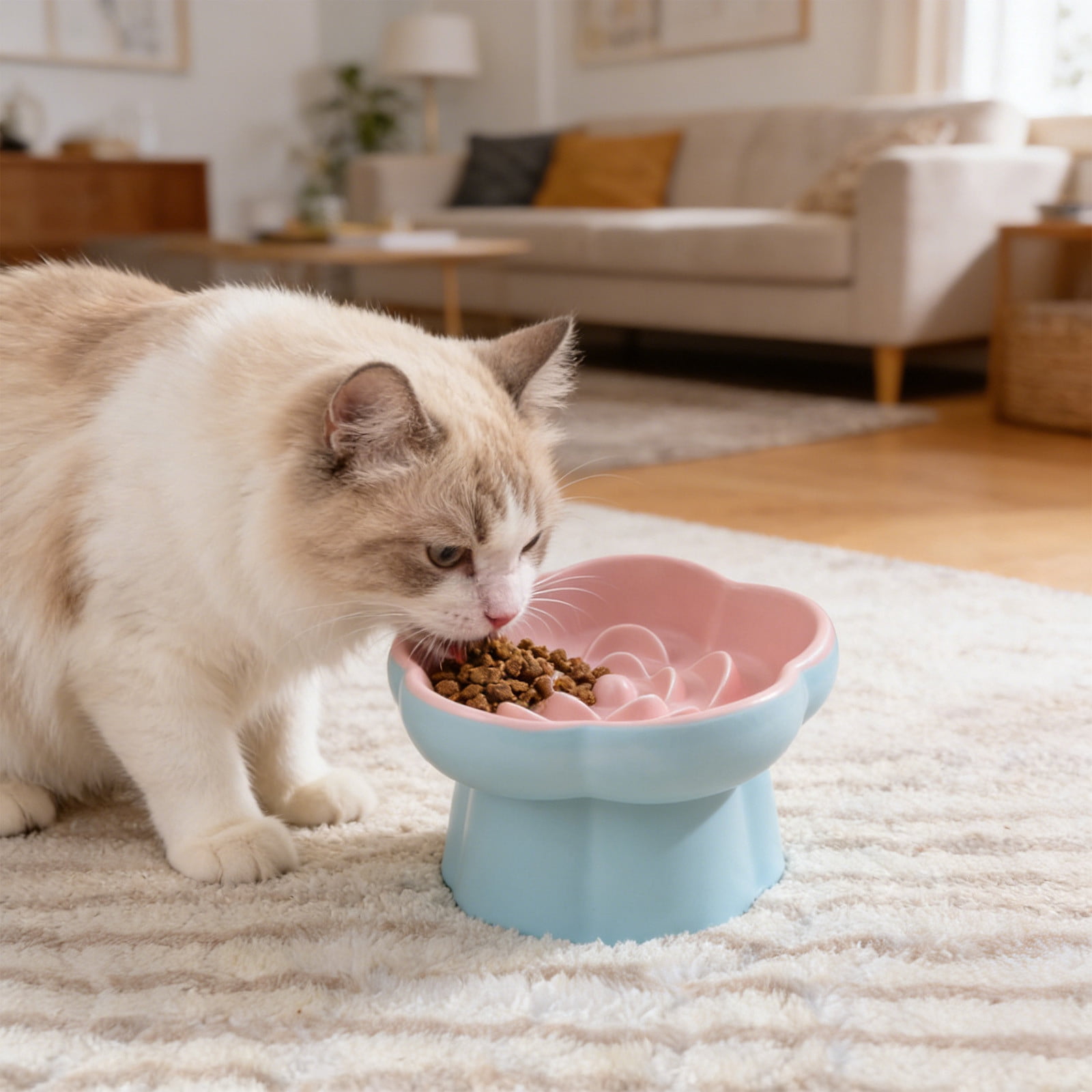 Ceramic Elevated Slow Cat Feeder, Raised Feeding Dish with Maze Design, Easy To Clean, for Indoor Cats and Small Dogs Blue