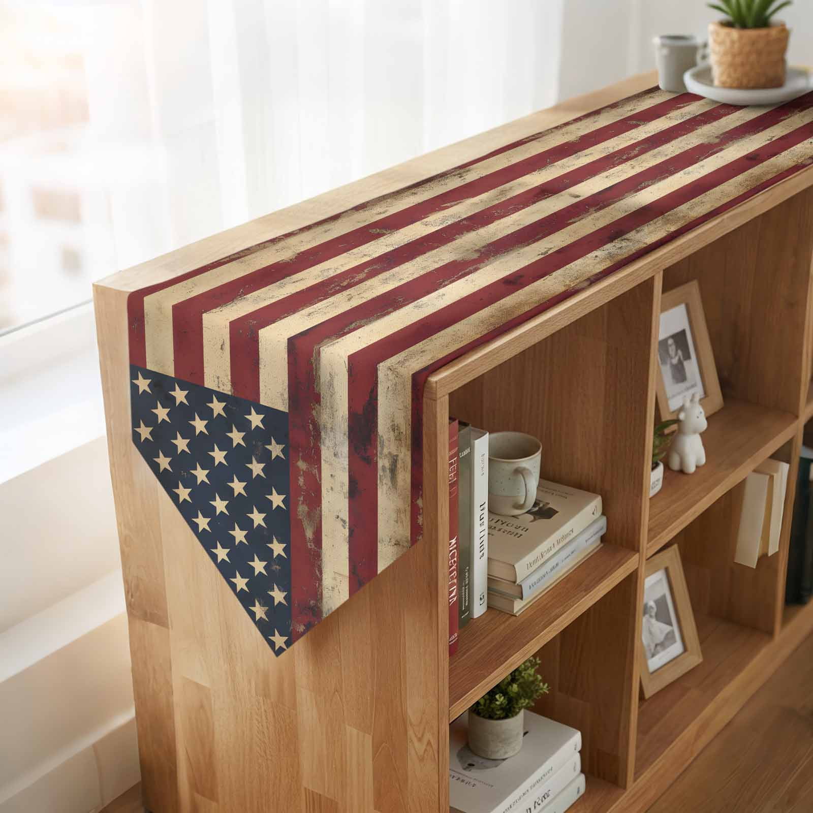 Retro American Flag Table Runner Linen Burlap Table Runner 72 Inches Long Vintage Shabby US Flag Dresser Scarves for Kitchen Island Coffee Dining Room Party Wedding Banquet Holiday Decoration 16"x72"