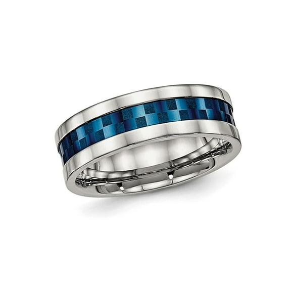Mens or Ladies Blue IP Plated Stainless Steel Checkered Band Ring (7mm) for Men