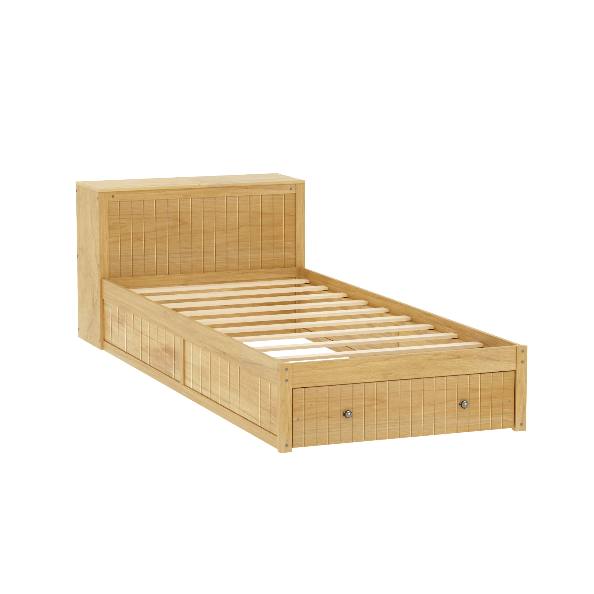 Euroco Wood Twin Size Platform Bed with Drawer, Storage Headboard with Integrated Desk and Side Shelves, Natural