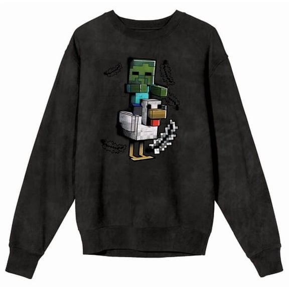 Minecraft Chicken Jockey Adult Mineral Wash Black Salt Crew Neck Long Sleeve Sweatshirt-Medium